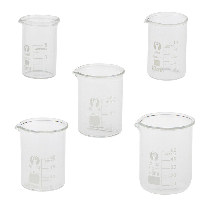 5 Pcs Lab Low Form Graduated Beaker Set - Borosilicate Glass - 5ml 10ml 20ml