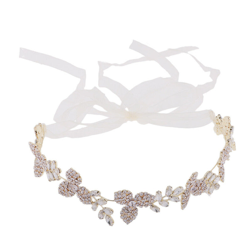 Gorgeous Ladies Girls Leaf Crystal Hair Band with Ribbon Headwear