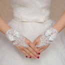 Elegant White Wedding Fingerless  Gloves Lace Applique Short Rhinestone  GGM