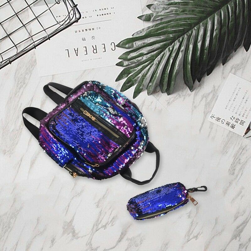 2Pcs/Set New Teenage Bling Glitter Sequins Backpack Girls Rucksack Students H4I3