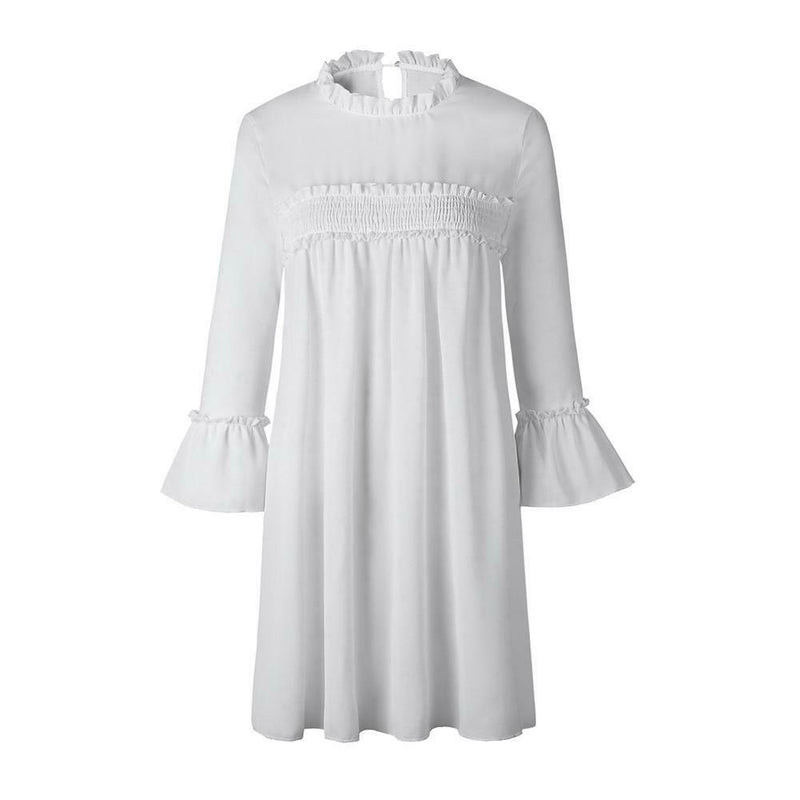 Solid Color Loose Straight Dress Pleated Women Chiffon Dresses (White S)