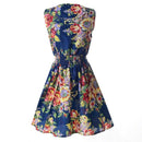 Lady's Sleeveless O-neck Flower Printed Casual Mini Dress--Blue-and-white A T2H4