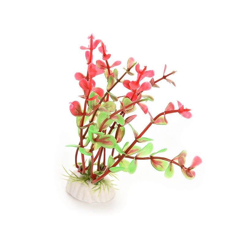 1 Pcs Red Green Plastic Plant Decor & Ceramic Base for Fish Tank Aquarium BX