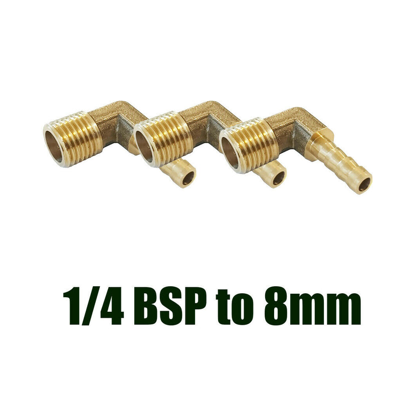 3x 1/4 BSP To 8mm Brass 90 Degree Male Elbow Barbed Hose Tail Pipe Fittings