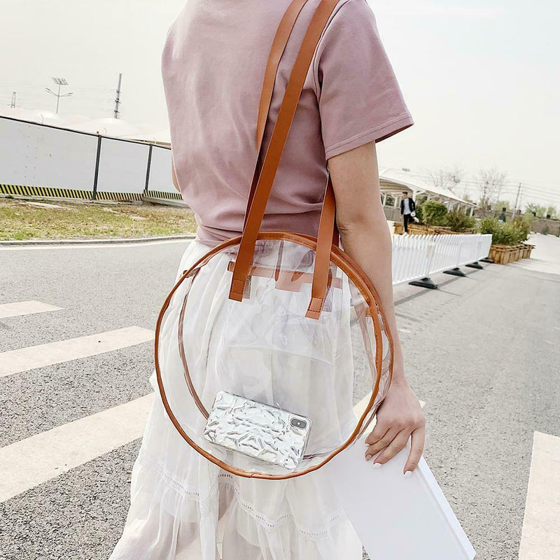 Summer Beach Round Transparent Women Handbag Tote Shopping Bags (Brown)