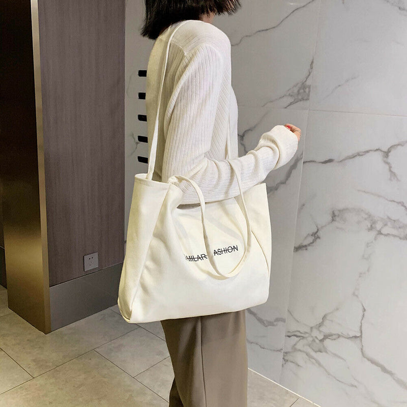 Fashion Large Capacity Shoulder Bag Canvas Handbag Shopping Totes (White)
