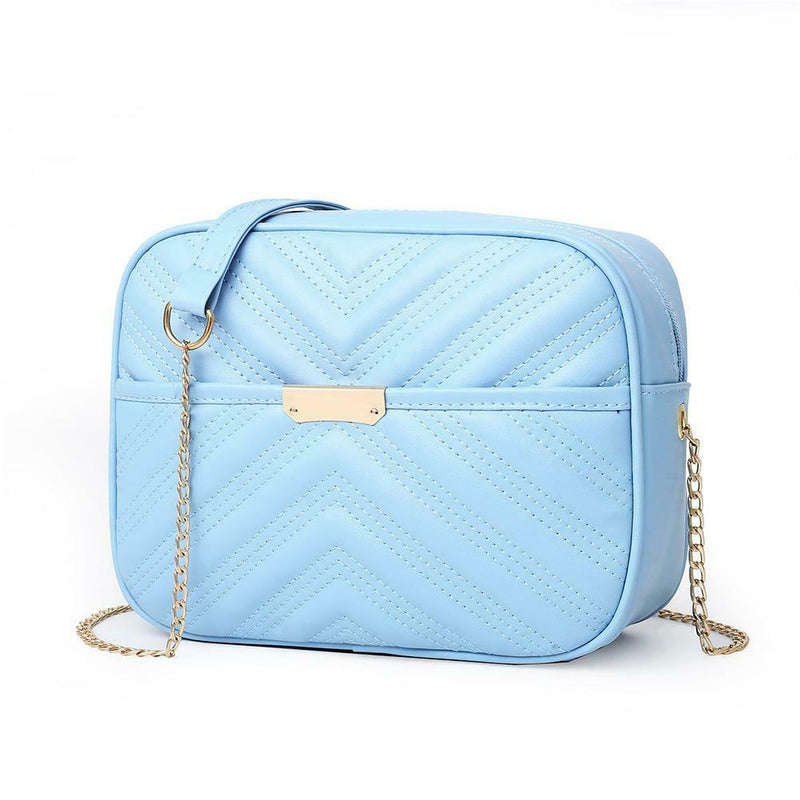 Women Simple Leather Crossbody Bag Chain Shoulder Messenger Handbag (Blue)