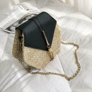 Hex-shape Straw+PU Shoulder Handbags Beach Women Top-handle Bags (Black)