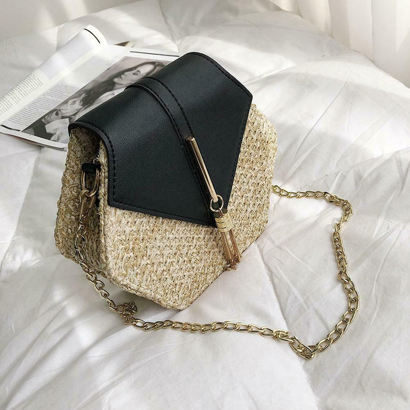 Hex-shape Straw+PU Shoulder Handbags Beach Women Top-handle Bags (Black)