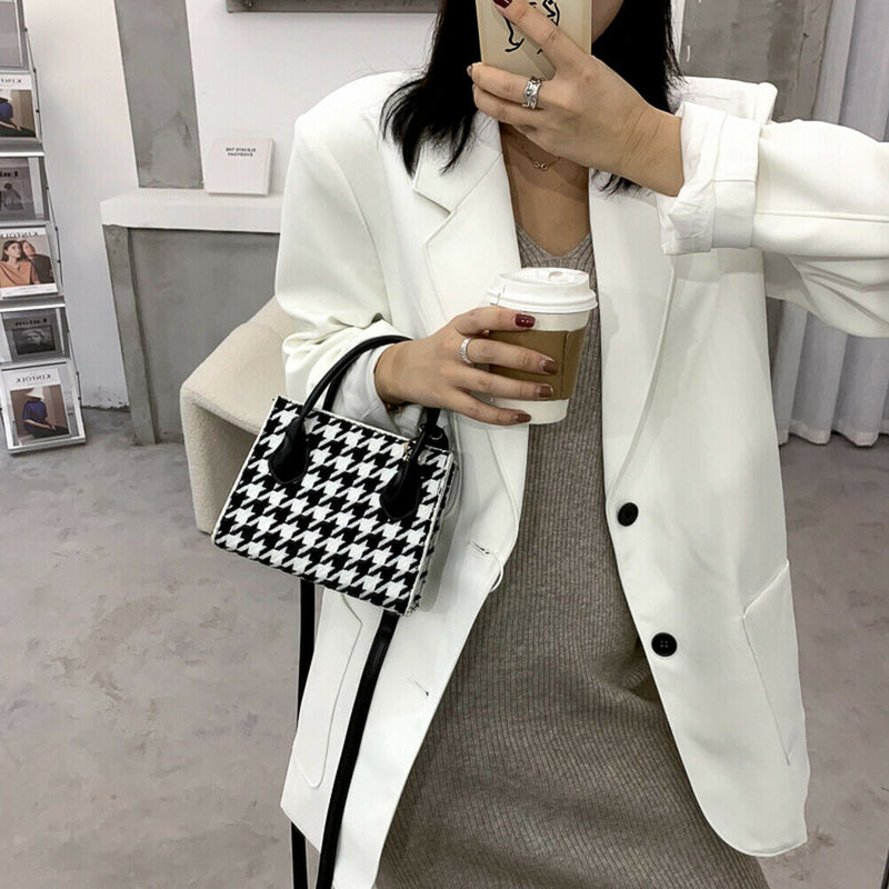 Retro Plaid Shoulder Crossbody Bag Women PU Portable Totes Handbags (Black)