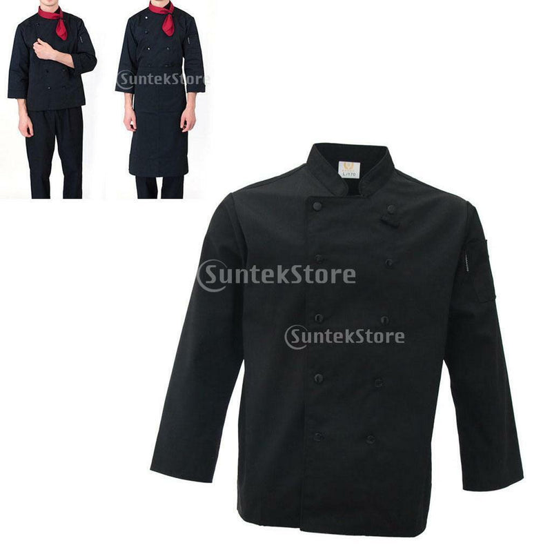 Black Chef Waiter Double-breasted Coat Uniform Long Sleeve Jacket Clothes XL