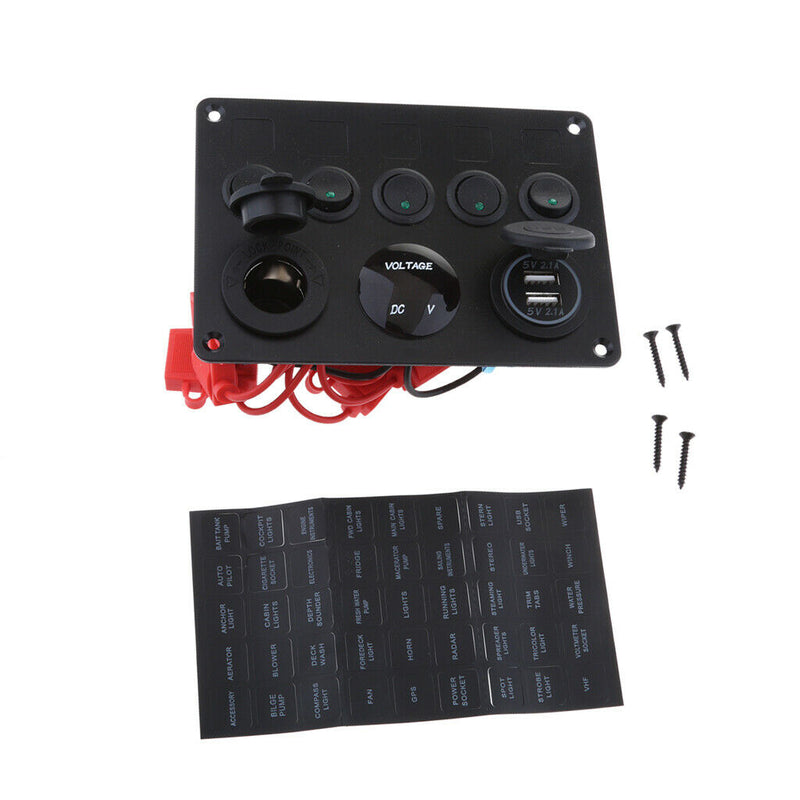 Green LED Dual USB Port Charger Voltmeter 5 Gang Toggle Switch Panel Black