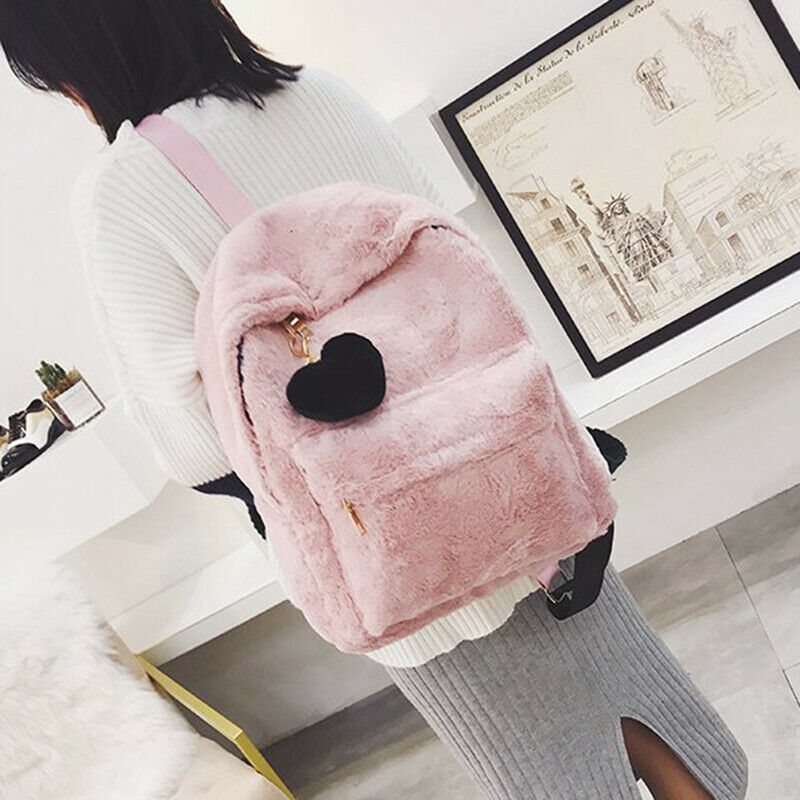 Women Soft Faux Fur Plush Backpack Shoulder Bag Fluffy School Bag with Hear N8C9