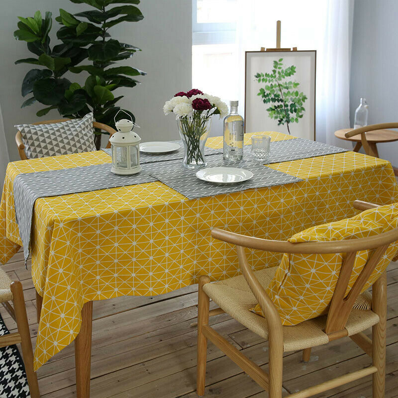 Yellow Chessboard Decorative Table Cloth Cotton Linen Tablecloth Dining Tab G4V9