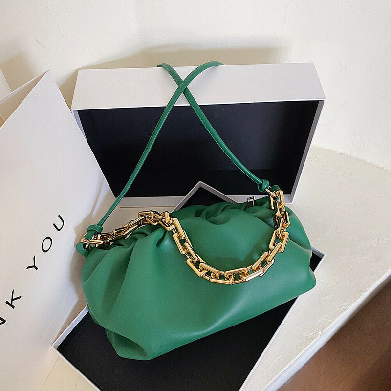 Elegant Women Chain Tote Bag Cloud Shoulder Handbag PU Clutch Purse (Green)