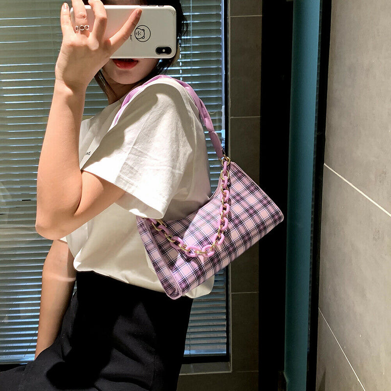 Fashion Plaid PU Women Handbag Totes Chain Underarm Shoulder Bags (Purple)