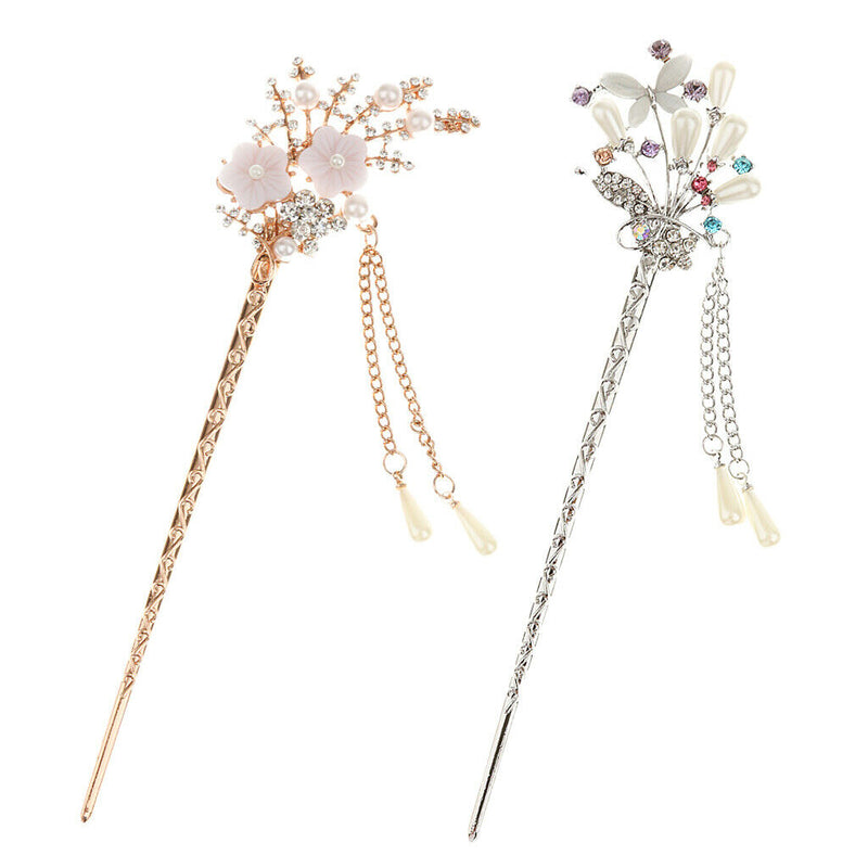 2 PIECES WOMEN CRYSTAL FLOWER TASSELS HAIRPINS