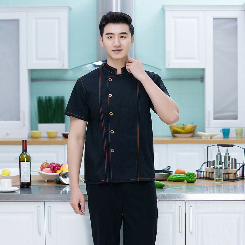 Unisex Denim Chef Jacket Coat Short Sleeves Shirt Kitchen Uniform Blue M