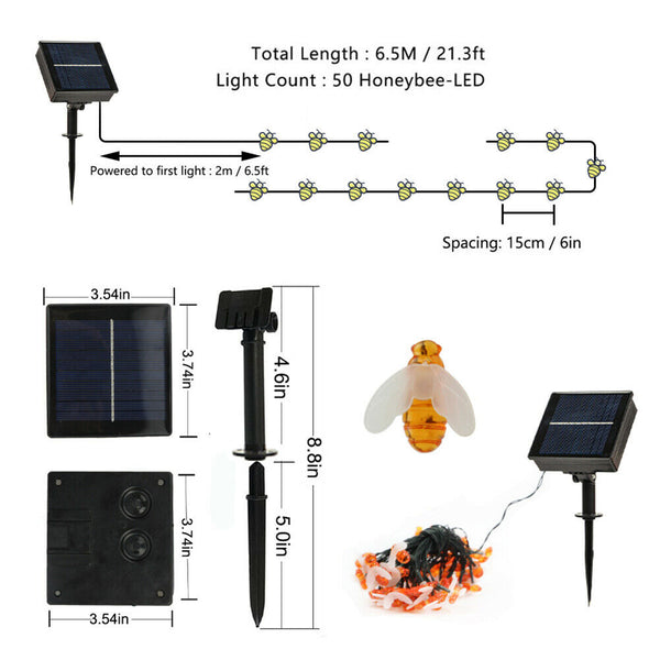 LED Solar Light Strings for Party Decor Bee Shaped Waterproof Night Outdoor Lamp