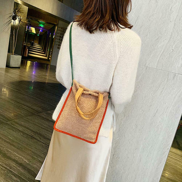 Plush Women Shoulder Crossbody Bag Hit Color Fashion Handbag (Light Brown)