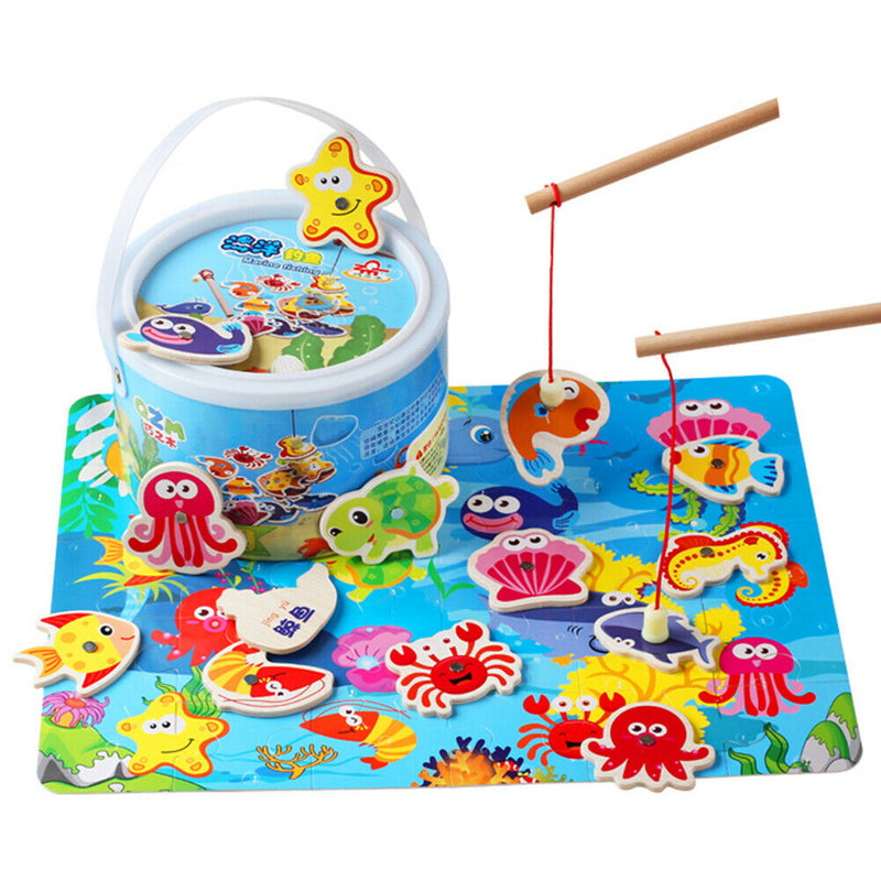 Wooden Two-Pole Sea Animal Fishing Magnetic Toys Set Early Education Game