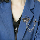Men Clear Crystal Rhinestone Brooch Lapel Pin Crown Coat Suit Tassel Chain VCD