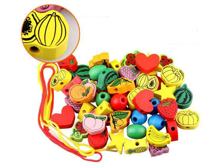 55XWooden Lacing Fruit Alphabet  Beads Box Threading Educational Toy3Cx