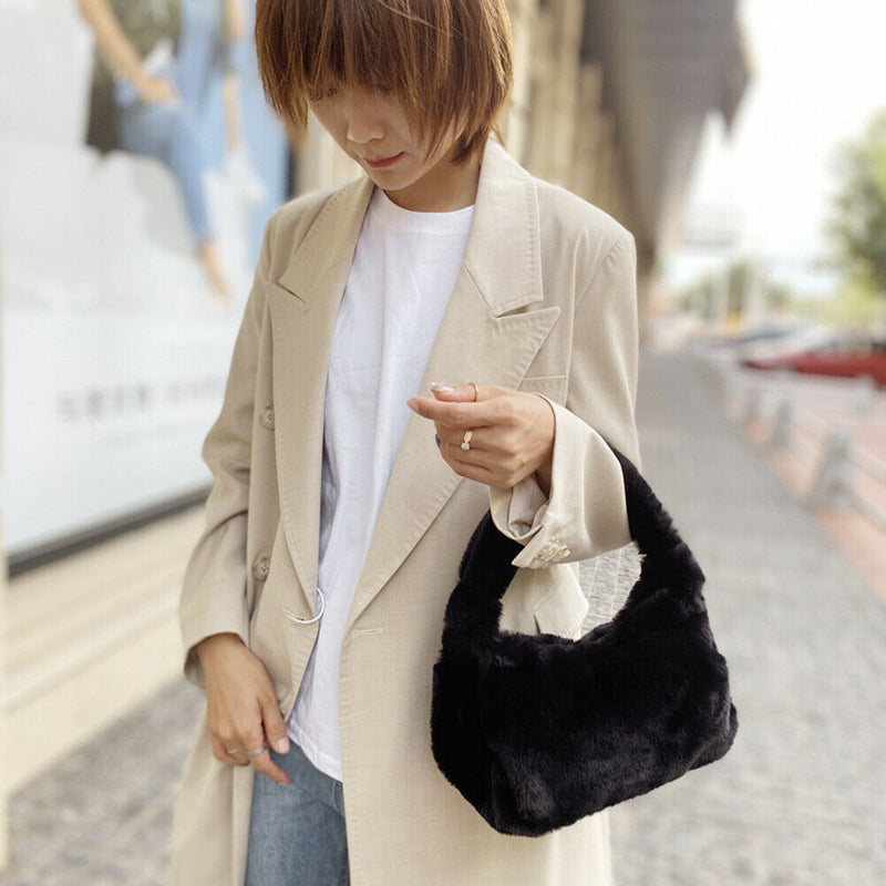 Women Winter Fur Handbag Plush Shoulder Underarm Bag Fashion Clutch (Black) A