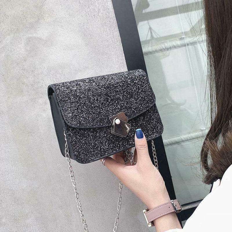 Solid Color Women PU Leather Shoulder Bag Flap Chain Messenger Bag (Black) A
