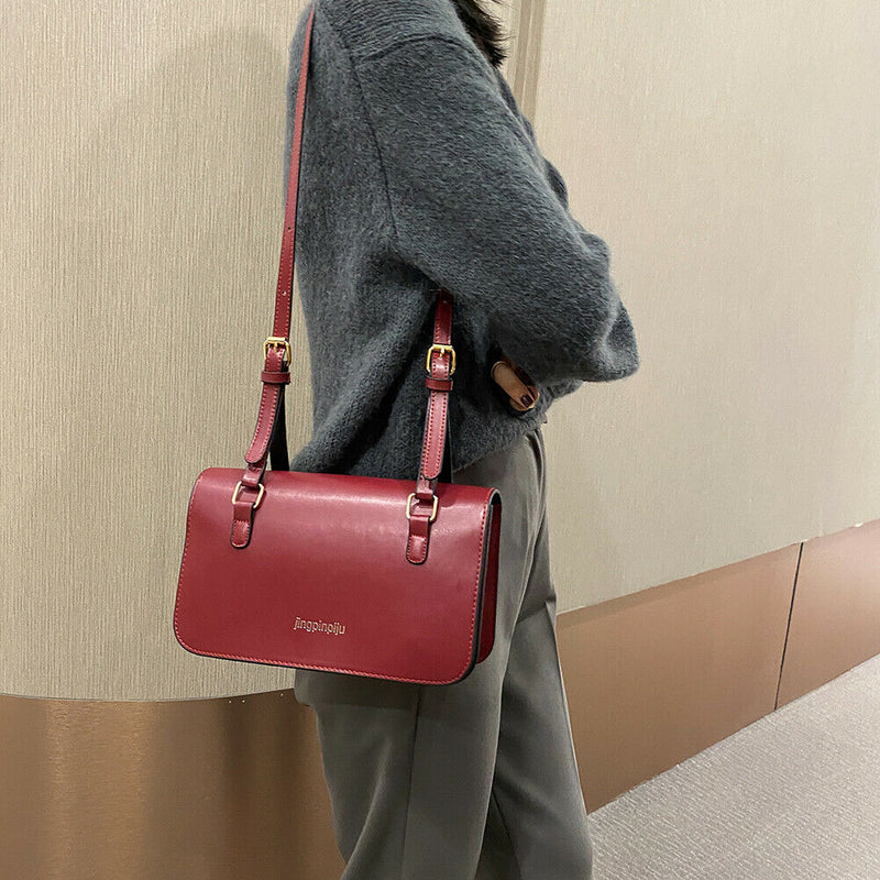 Retro Women Shoulder Bags Flap PU Leather Casual Solid Handbags (Wine Red)