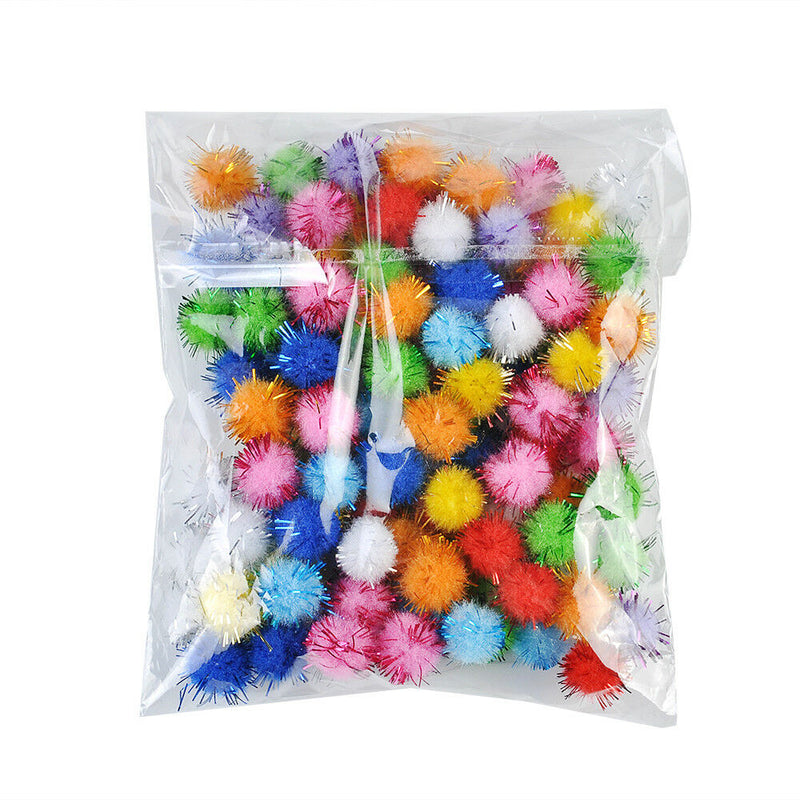 100x Colorful Sparkly Glitter Tinsel Pompom Balls Small Pom Ball Pet Cat Toys