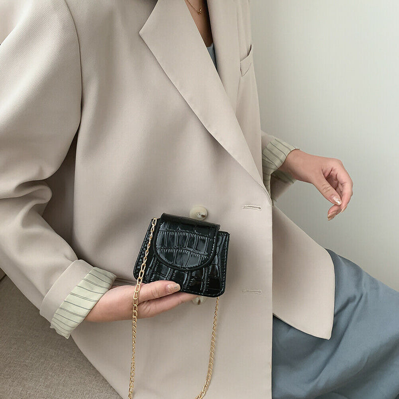 Pure Color Leather Mini Shoulder Bags Women Chain Messenger Bags (Black)