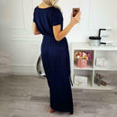 Short Sleeve Women Dress V-neck Binding Women Maxi Dresses (Dark Blue L) A