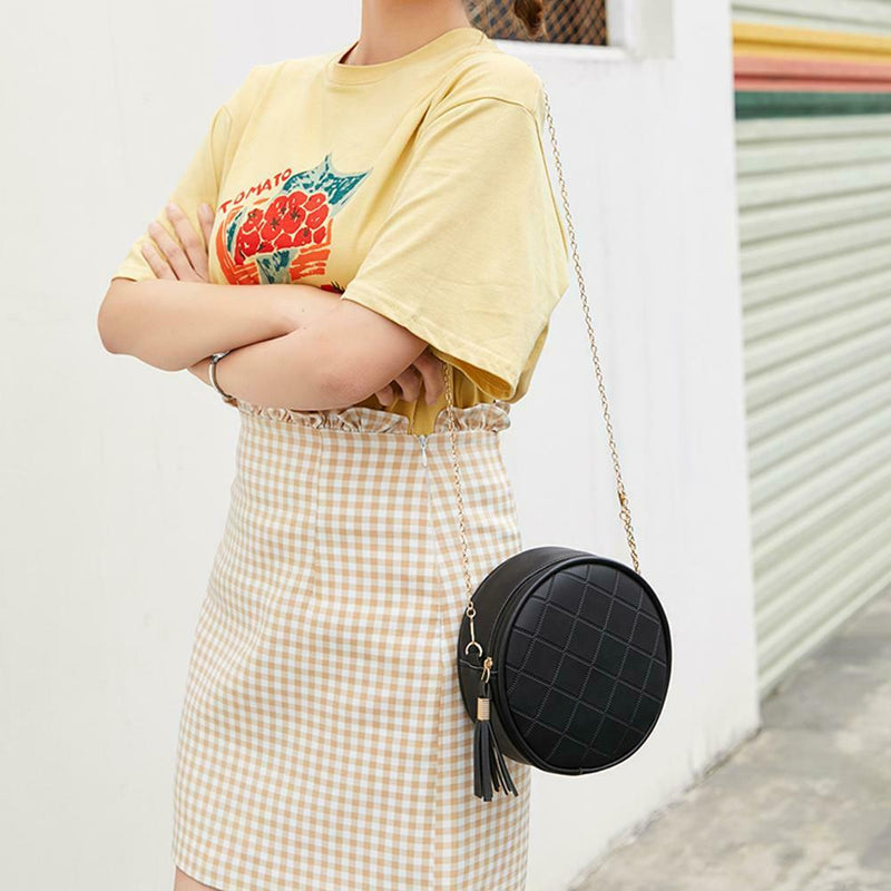 Pure Color Plaid Shoulder Handbags Women Round Tassel Crossbody Bag (Black)
