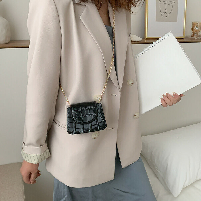 Pure Color Leather Mini Shoulder Bags Women Chain Messenger Bags (Black)