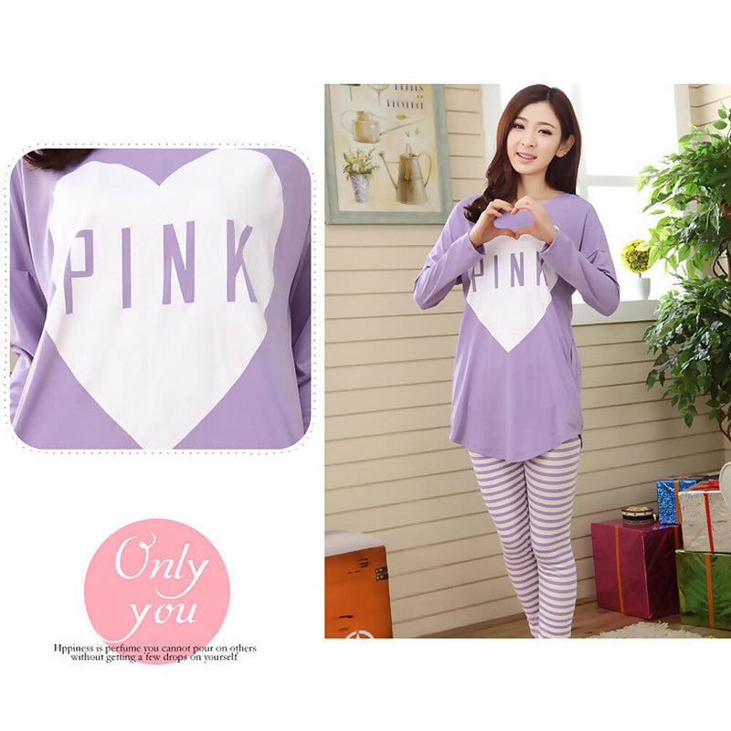 Womens Pajama Sleepwear Nightwear Set Long Sleeve Round Neck Tops Stripe Pants