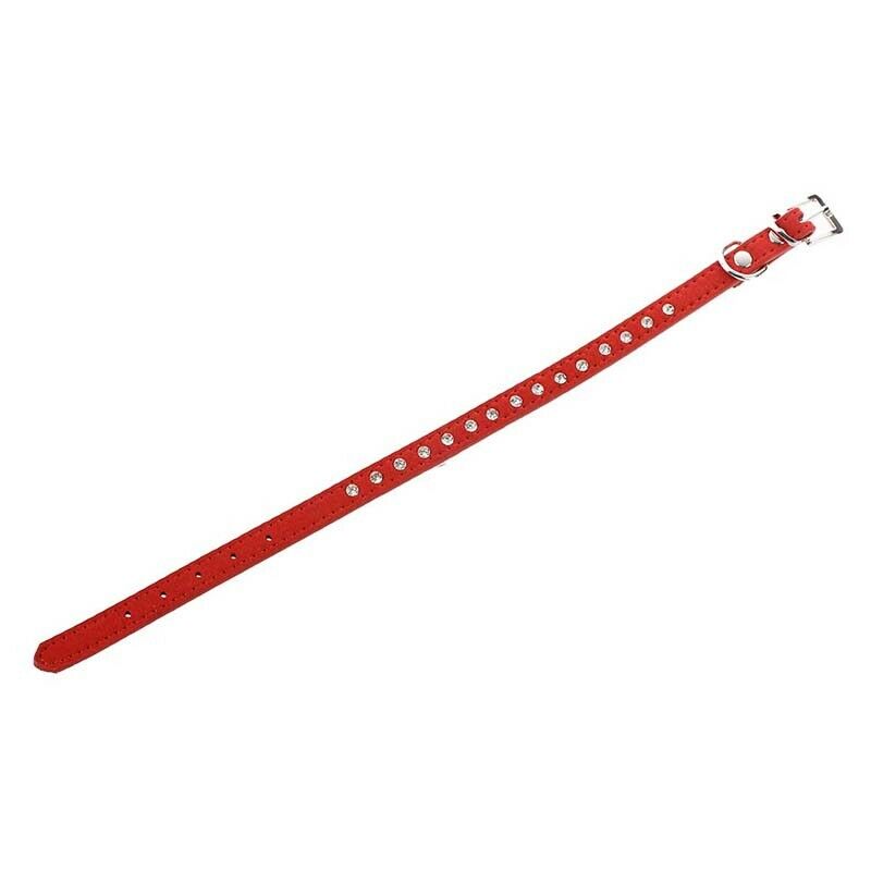 Pet Dog Cat Leatherette Crystal Rhinestone Collar Size S - Red