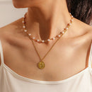 Women Coin Pendant Necklack Titanium Steel 2 Layers Clavicle Chain Jewelry