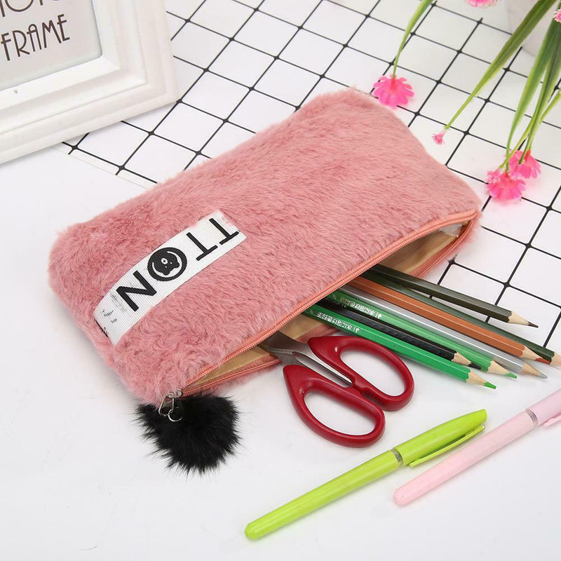 Cute Soft Plush Pen Bag Stationery Cosmetic Pouch Student Supply (Wine Red) A