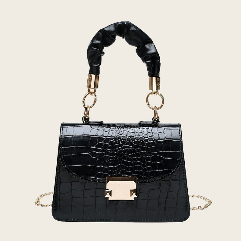 Alligator PU Shoulder Bag Women Pleated Totes Retro Chain Handbag (Black)