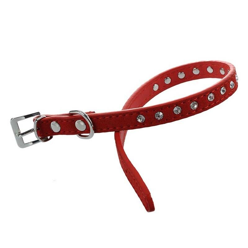 Pet Dog Cat Leatherette Crystal Rhinestone Collar Size S - Red