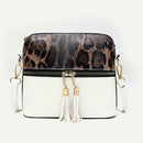 Leopard Hit Color Messenger Bag Women PU Leather Shoulder Handbag (White)