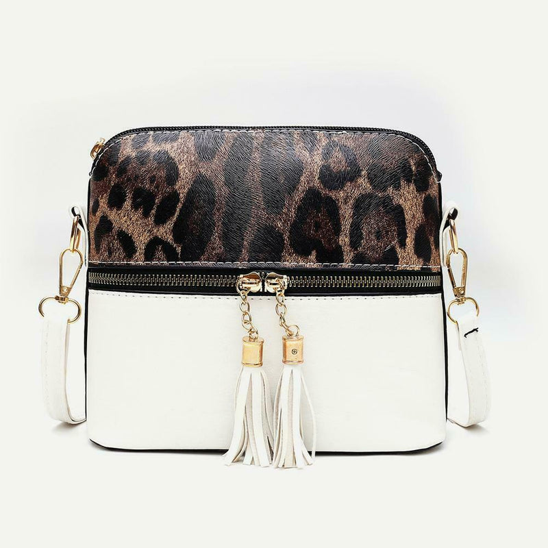 Leopard Hit Color Messenger Bag Women PU Leather Shoulder Handbag (White)