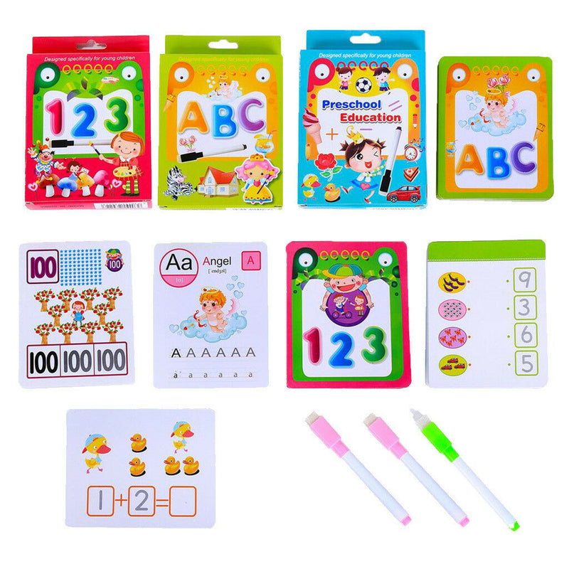 3 Set Learning Flashcards Preschool Education w/Wipe-clean Pen for Parents