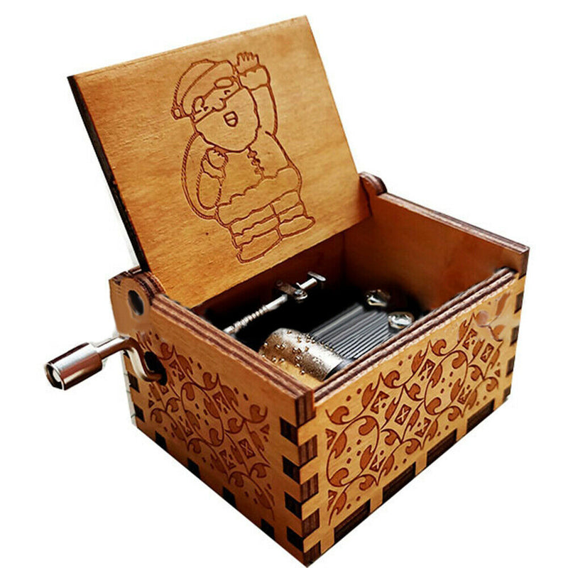 Classic Santa Claus Wooden Hand Crank Music Box Art Table Decor Collection Delux