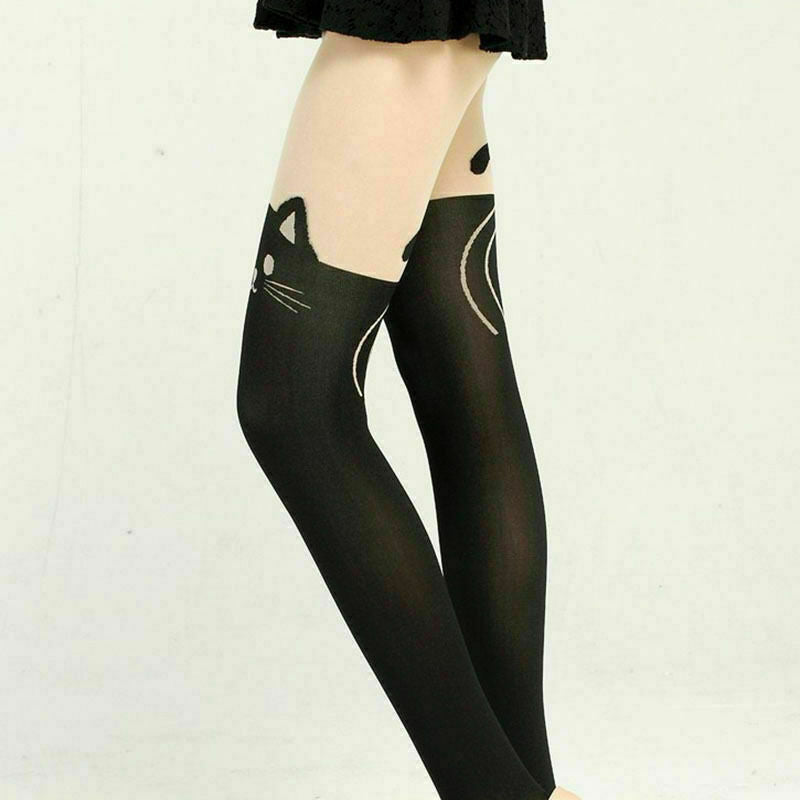 Lady Enticing Cat Tail Tattoo Printed Knee High Stockings Pantyhose Tights O8H6