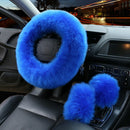 3Pcs/set Winter blue long wool warm plush car steering wheel handbrake coversJA_