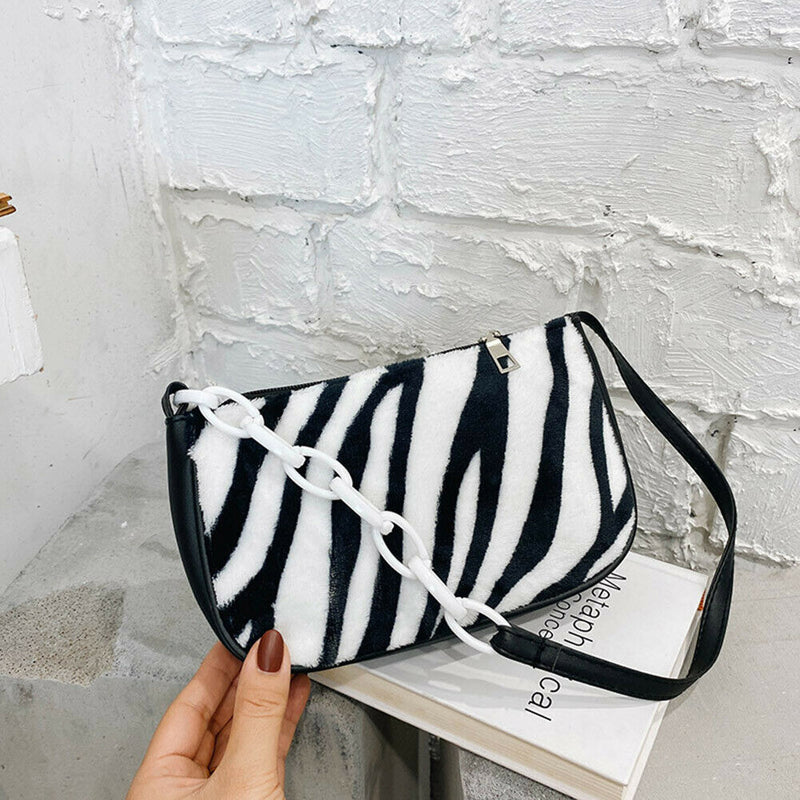 Plush Handbags Female Zebra Print Shoulder Underarm Bag Chain Purses (3)