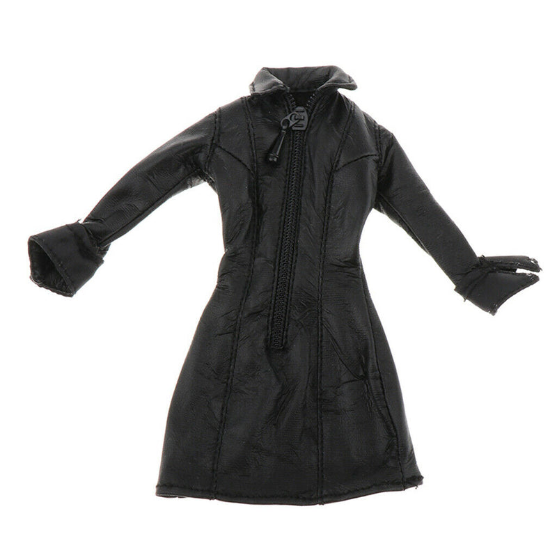 Female Clothing 1/12 Women Black Long Leather Coat for Scarlet
