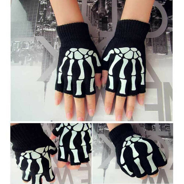 1 Pair Women Unisex Knitting Warmer Black Skeleton Claw Fingerless Gloves 17cm
